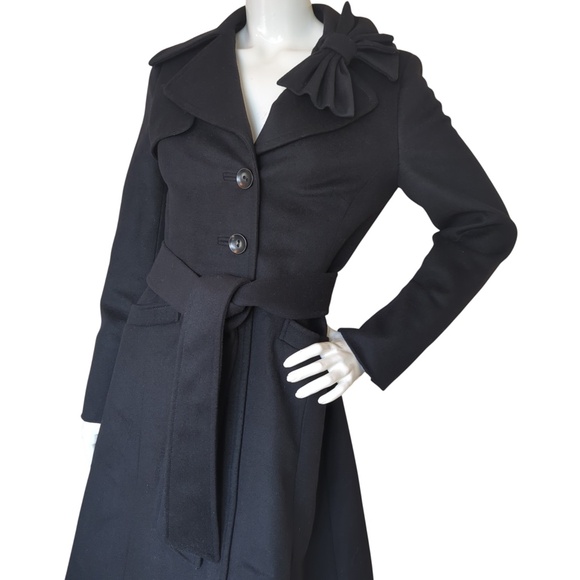 Black Wool Cashmere Coat with Bow Detail & Belt SZ6 US(10 EU) - Picture 3 of 13